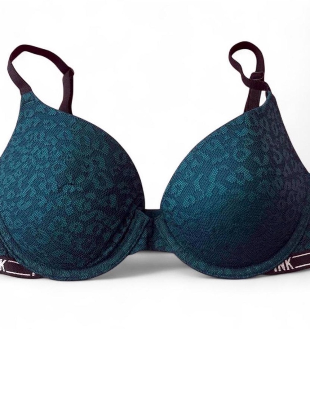 PINK Victoria’s Secret 32C Teal Lace Push Up Bra Leopard Mesh